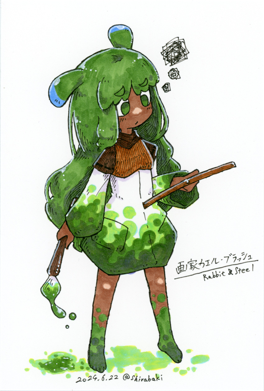 1girl, antennae, barefoot, blush_the_painter_frog, brown_capelet, capelet, clipboard, closed_mouth, commentary_request, dark-skinned_female, dark_skin, dated, dress, frog_girl, full_body, green_eyes, green_hair, highres, holding, holding_clipboard, holding_paintbrush, long_hair, paint, paint_splatter, paintbrush, rabbit_and_steel, shirabaki, simple_background, solo, squiggle, translation_request, white_background, white_dress