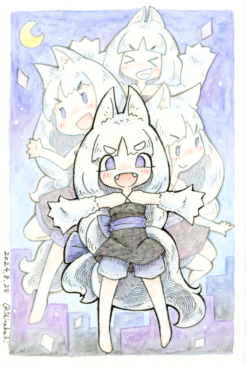 >_<, 4girls, :>, :d, animal_ears, animal_hands, barefoot, black_shirt, blue_shorts, blunt_bangs, blush, clone, closed_mouth, crescent_moon, criss-cross_straps, fangs, full_body, gloves, grin, highres, long_hair, looking_at_viewer, moon, multiple_girls, open_mouth, paw_gloves, rabbit_and_steel, shirabaki, shirt, shorts, smile, tail, tassha_the_snowfur_wolf, v-shaped_eyebrows, very_long_hair, violet_eyes, white_hair, wolf_ears, wolf_girl, wolf_tail, xd