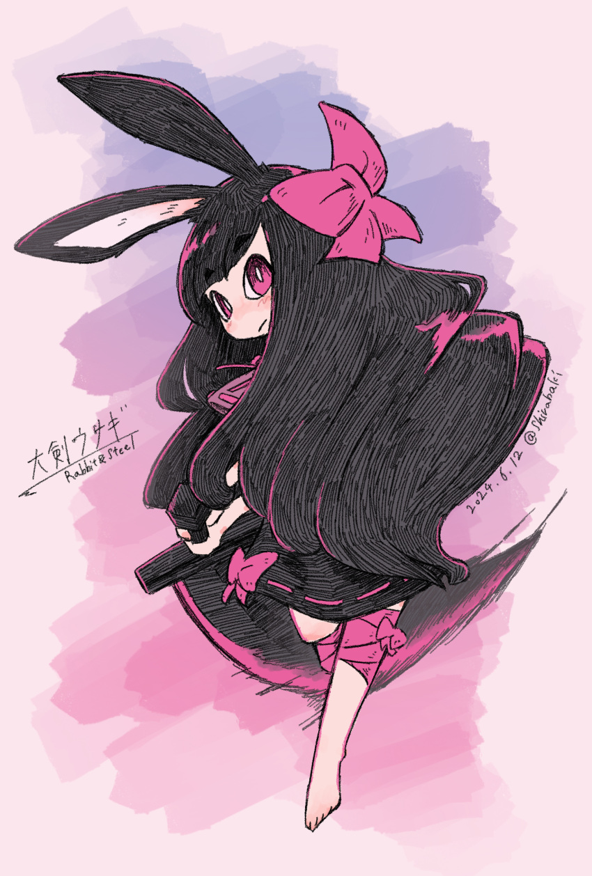 1girl, animal_ears, bandaged_leg, bandages, barefoot, black_dress, black_hair, blunt_bangs