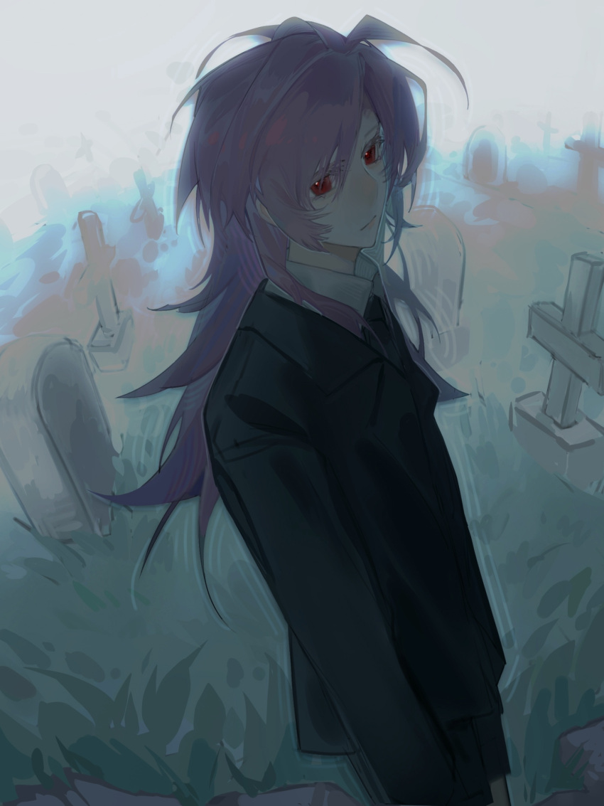 1boy, black_jacket, black_necktie, black_shorts, chinese_commentary, closed_mouth, collared_shirt, colored_eyelashes, commentary_request, cowboy_shot, exe-dream, grass, hatsutori_hajime, highres, jacket, long_hair, male_focus, necktie, outdoors, pink_hair, red_eyes, saibou_shinkyoku, shirt, shorts, solo, tombstone, variant_set, white_shirt