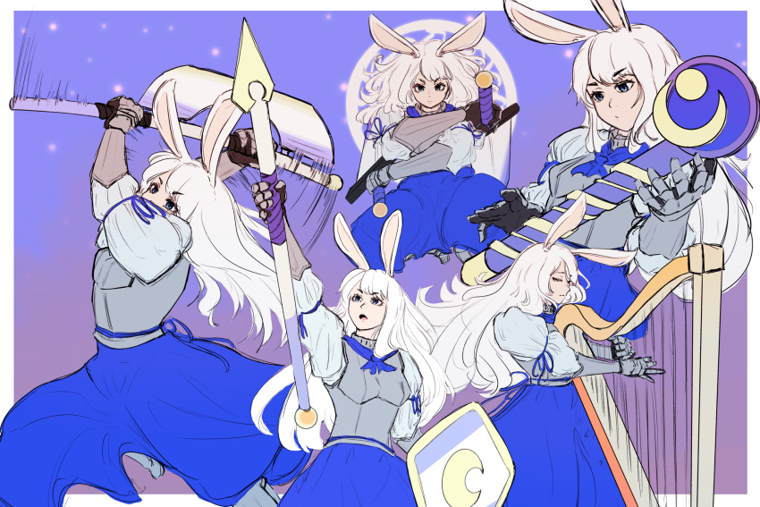 1girl, animal_ears, armor, axe, blue_eyes, blue_skirt, border, breastplate