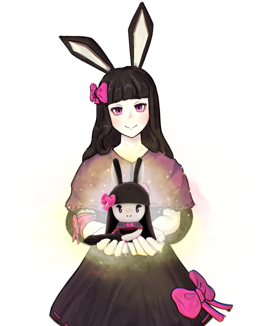 1girl, absurdres, animal_ears, black_dress, black_hair, blunt_bangs, bow, capelet, celesionnn, character_doll, closed_mouth, commentary, cowboy_shot, doll, dress, dress_bow, english_commentary, hair_bow, heavyblade_rabbit, highres, holding, holding_doll, looking_at_viewer, pink_bow, purple_capelet, rabbit_and_steel, rabbit_ears, rabbit_girl, ribbon-trimmed_capelet, ribbon_trim, simple_background, smile, solo, white_background