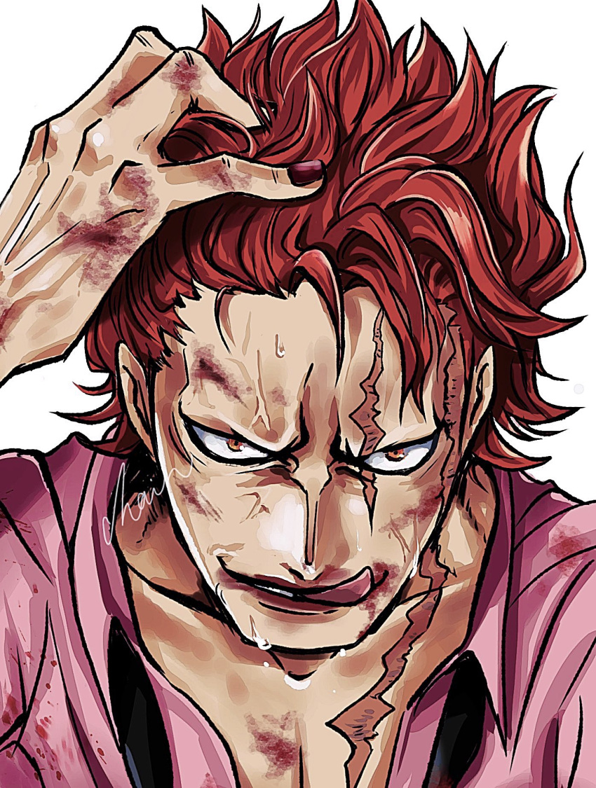 1boy, anarchyintheek, blood, blood_on_hands, close-up, commentary_request, eustass_kid, hands_in_own_hair
