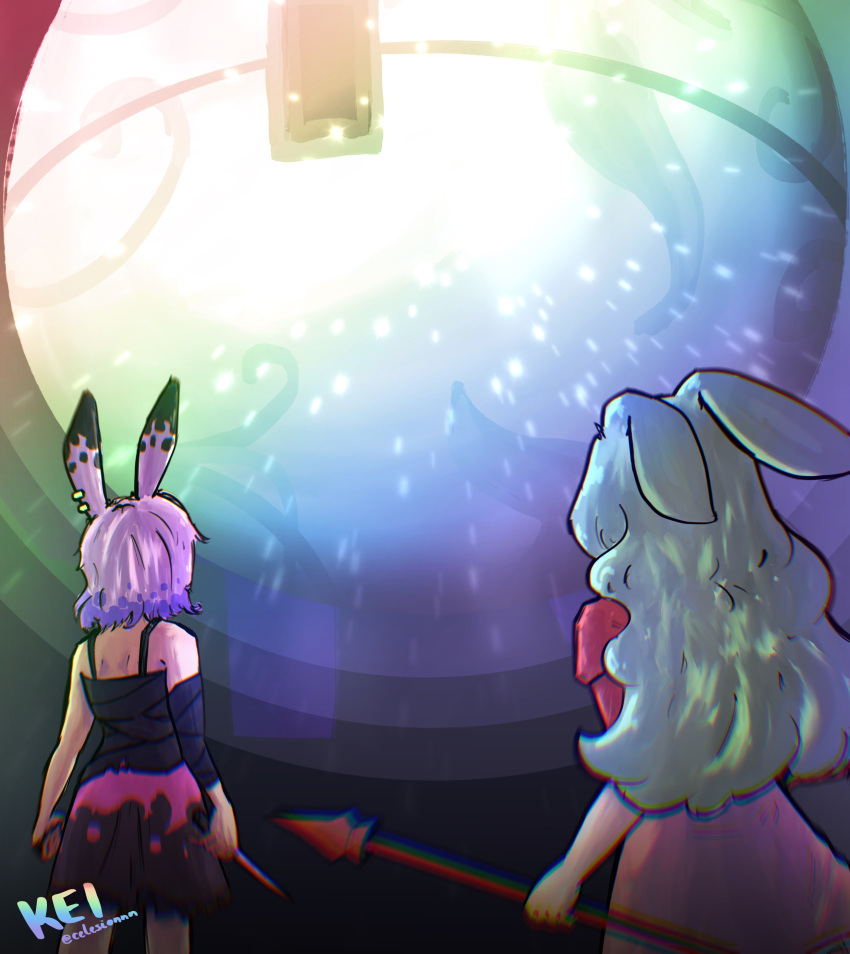 2girls, absurdres, animal_ear_piercing, animal_ears, assassin_rabbit, black_skirt, black_tank_top, celesionnn