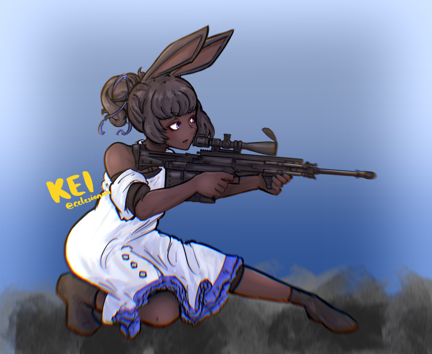 1girl, absurdres, alternate_weapon, animal_ears, black_boots, black_hair, blue_eyes, blue_ribbon