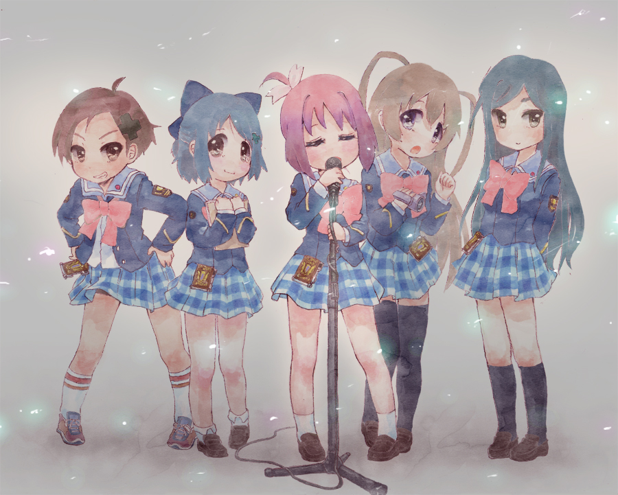 amamiya_manami, closed_eyes, etou_mei, eyes_closed, gakuen_utopia_manabi_straight, gakuen_utopia_manabi_straight!, grin, hands_on_hips, inamori_mika, long_hair, microphone, microphone_stand, multiple_girls, odori_momoha, open_mouth, pica_(hpipi), school_uniform, short_hair, singing, skirt, smile, thighhighs, uehara_mutsuki
