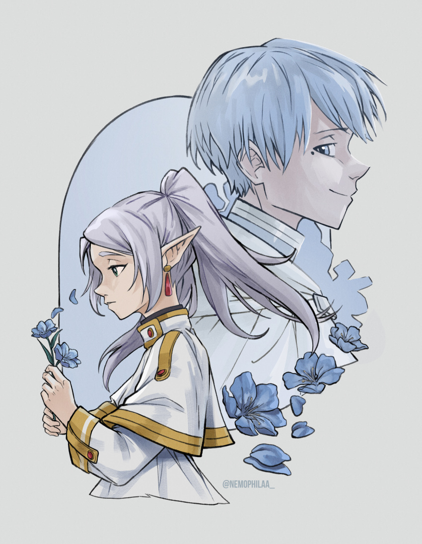 absurdres, blue_eyes, blue_hair, capelet, closed_mouth, earrings, elf, frieren, green_eyes, highres, himmel_(sousou_no_frieren), jewelry, long_hair, nemophila_(artist), pointy_ears, sousou_no_frieren, teardrop_earrings, twintails, white_background, white_capelet, white_hair