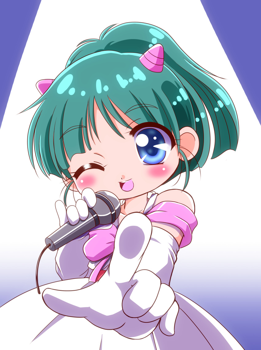 1girl, ;d, absurdres, blue_eyes, blush, chibi, doteraman, dress