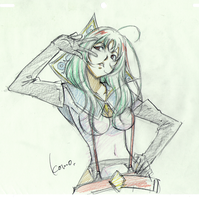 belt, color_trace, garter_belt, green_hair, hand_on_hip, head_tilt, hips, kiraboshi_(star_driver)