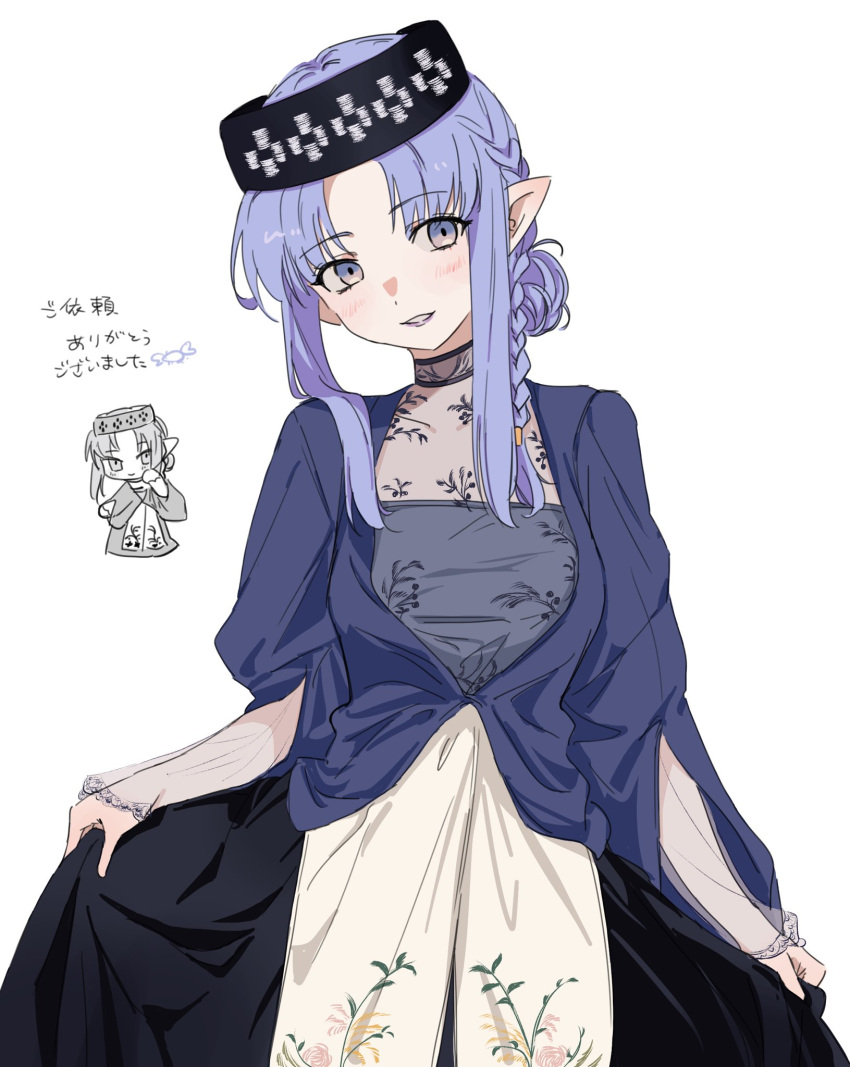 1girl, alternate_costume, blue_eyes, blue_hair, blush, braid, breasts, chibi, chibi_inset, dress, fate/stay_night, fate_(series), floral_print, headgear, highres, holding, ki113u, long_hair, long_sleeves, looking_at_viewer, medea_(caster)_(fate), medea_(fate), pointy_ears, see-through_clothes, see-through_sleeves, side_braid, simple_background, smile, solo, white_background
