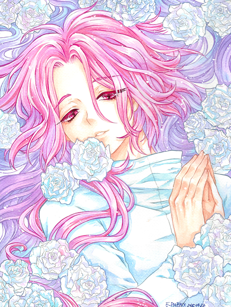 1boy, chinese_commentary, colored_eyelashes, commentary_request, eyelashes, flower, hatsutori_hajime, huang_da_cao