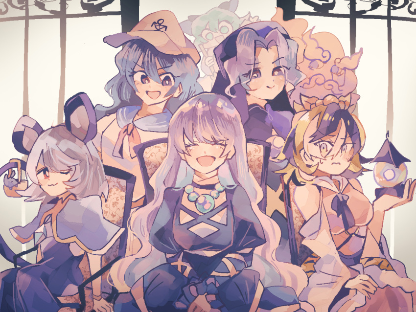 1boy, 6+girls, animal_ears, animal_print, bishamonten's_pagoda, black_dress, black_eyes, black_hair