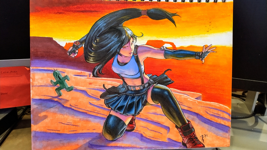 1girl, absurdres, bare_shoulders, belt, black_hair, black_skirt, boots, braces, breasts, clenched_hand, crop_top, elbow_gloves, facebook_username, fighting_stance, final_fantasy, final_fantasy_vii, final_fantasy_vii_remake, fingerless_gloves, gloves, highres, long_hair, looking_at_another, looking_to_the_side, marquis_devon_burgess, medium_breasts, midriff, miniskirt, navel, photo_(medium), sidelocks, simple_background, sketchbook, skirt, solo, tank_top, thigh-highs, tifa_lockhart, traditional_media, utility_belt, white_background