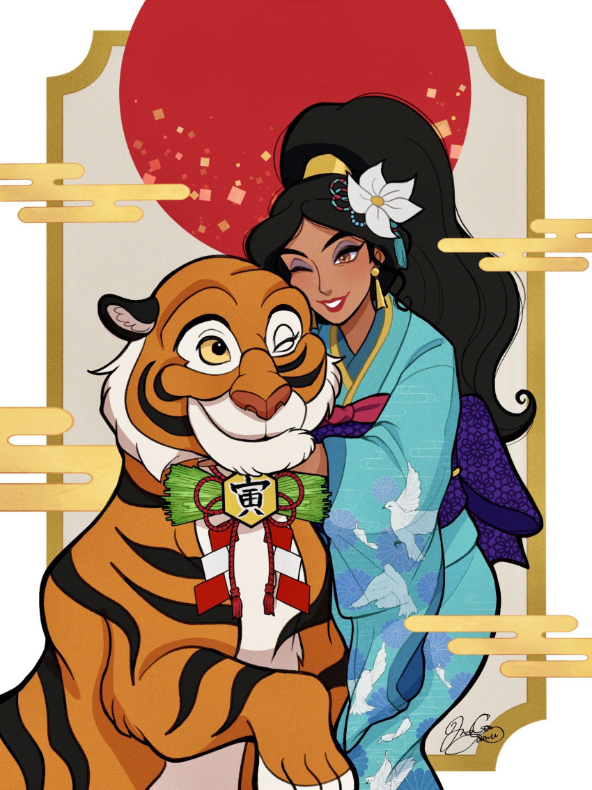 1girl, aladdin_(disney), aladdin_(movie), animal, black_hair, blue_kimono, commentary_request, earrings