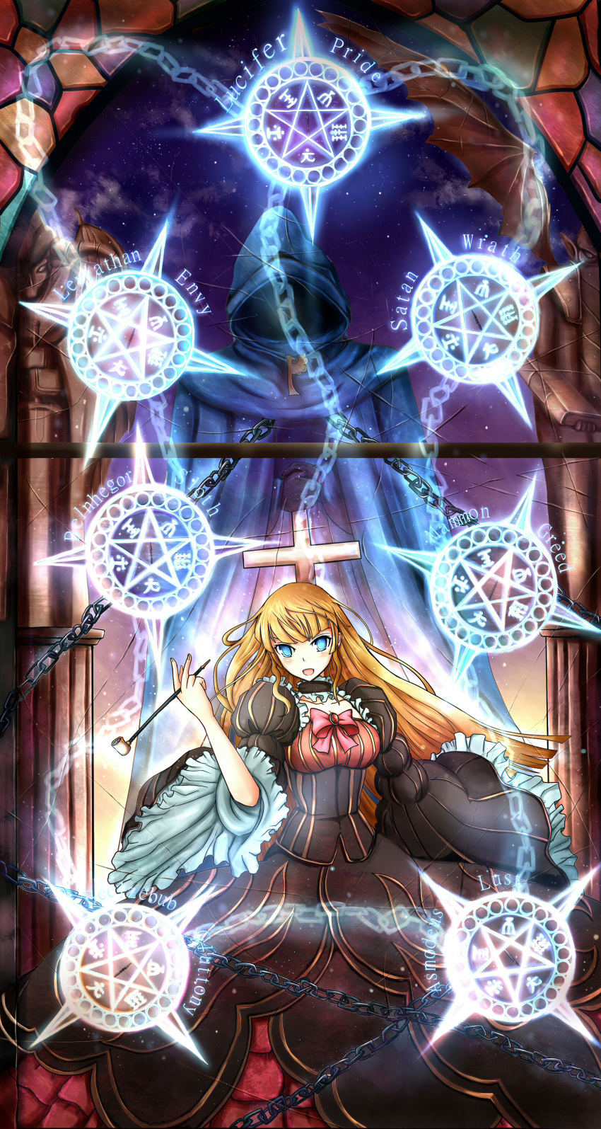 absurdres, bad_id, beatrice, blonde_hair, blue_eyes, cloak, cross, dress