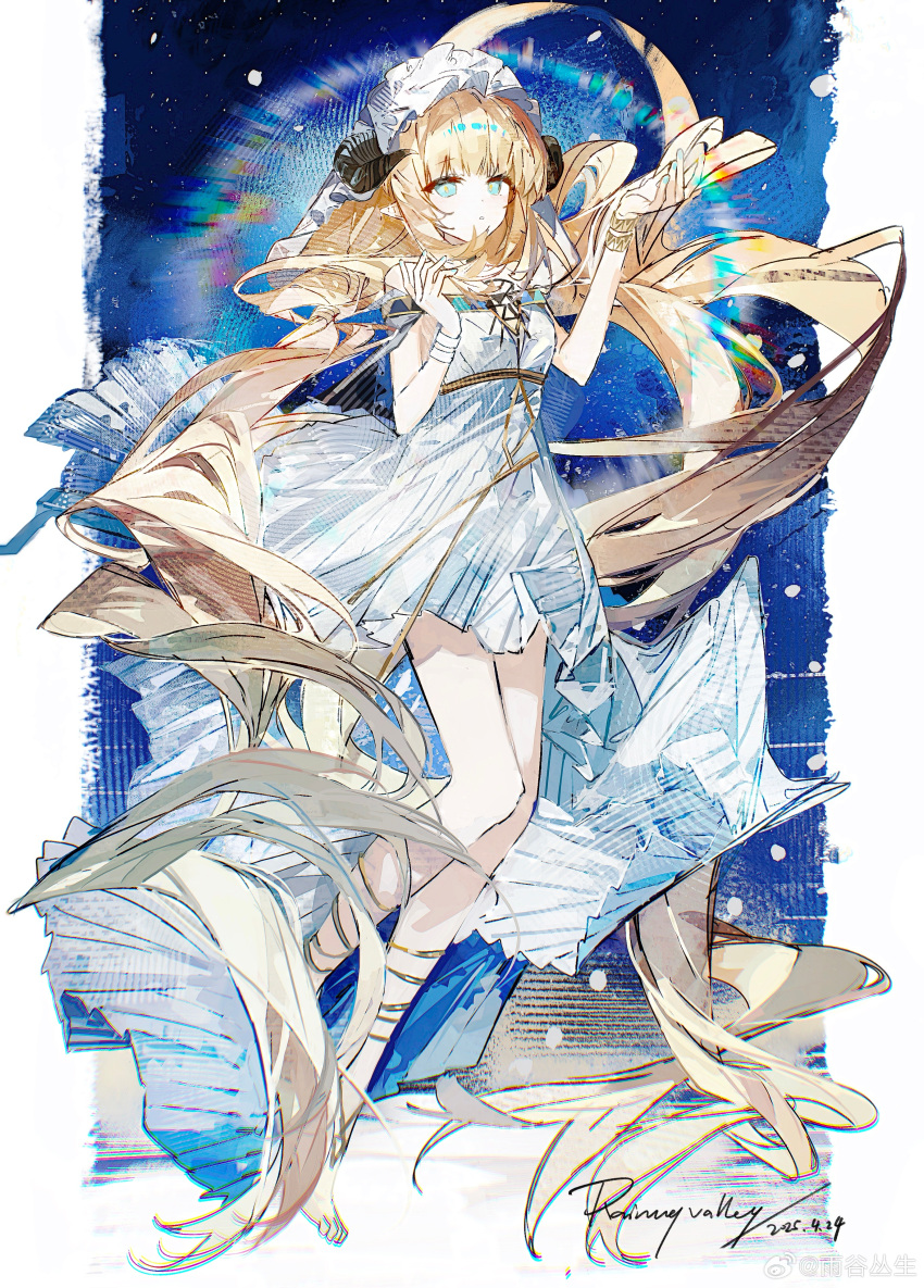 1girl, absurdres, arknights, barefoot, blonde_hair, breasts, buqiyong, dated, dress, frilled_veil, full_body, gold_trim, grey_eyes, highres, horns, long_hair, looking_at_viewer, low_twintails, medium_breasts, nightingale_(arknights), nightingale_(iakhu_of_flows)_(arknights), parted_lips, pointy_ears, signature, solo, twintails, very_long_hair, white_dress
