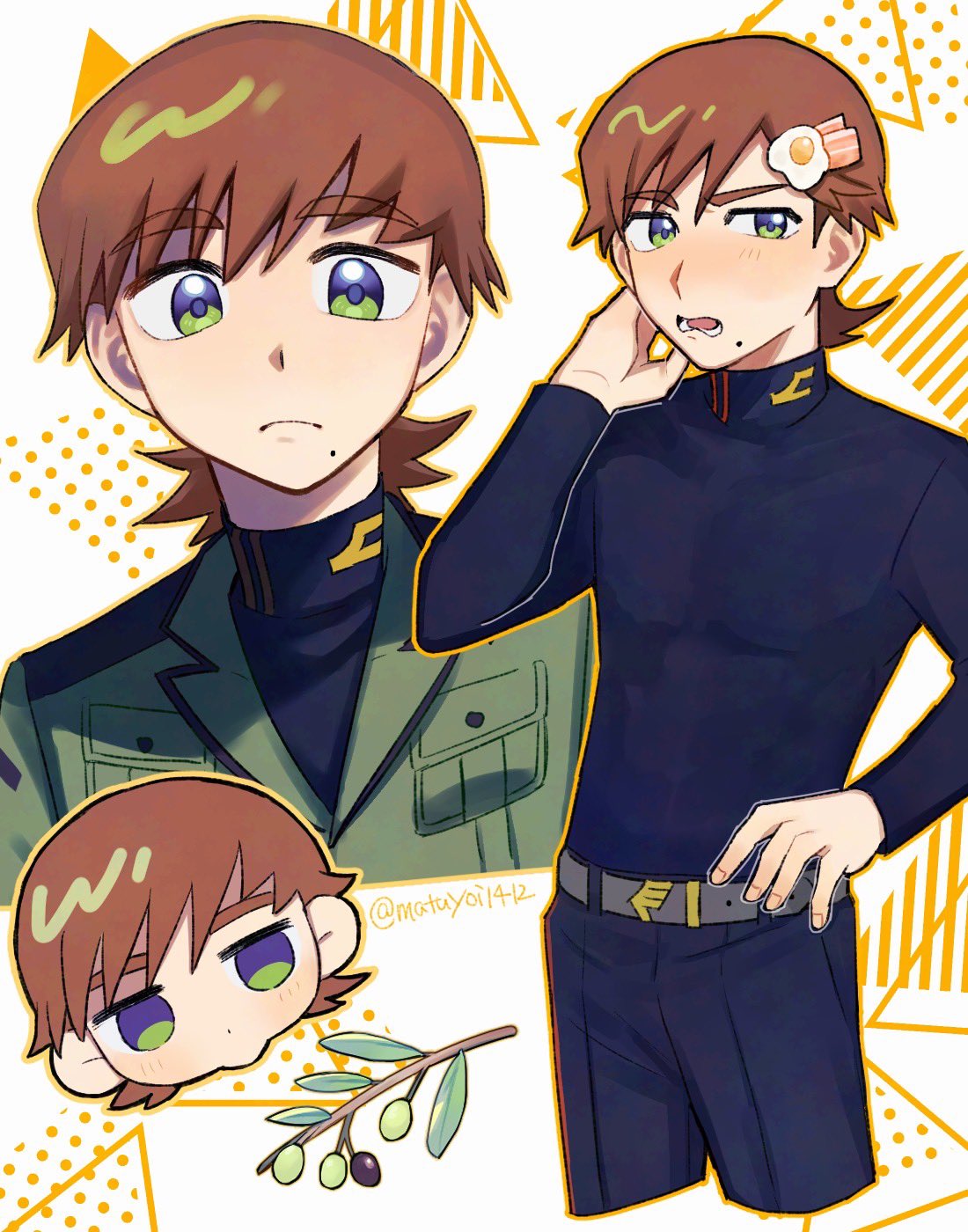 1boy, belt, blush, branch, brown_hair, chibi, chibi_inset, egg_hair_ornament