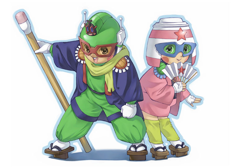 1boy, 1girl, :d, doteraman, doteraman_(character), doterapink, fingerless_gloves, folding_fan