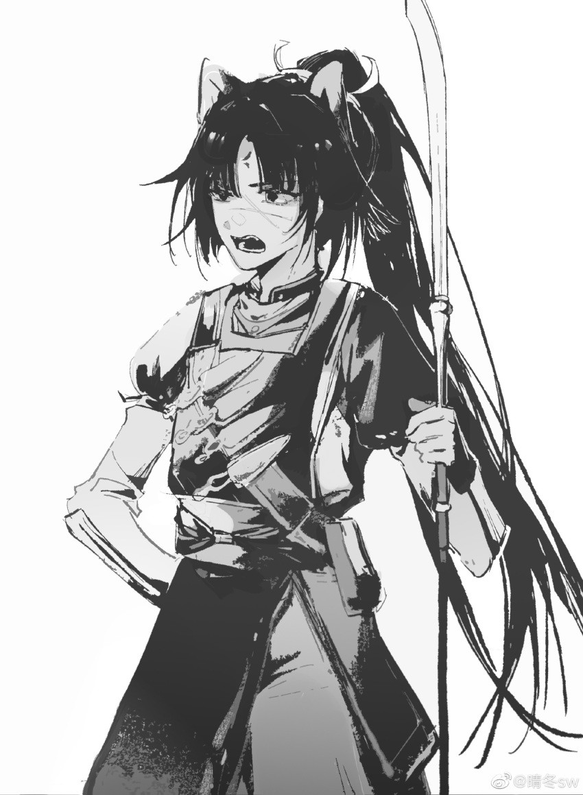 1girl, absurdres, arknights, armor, chinese_commentary, commentary_request, cowboy_shot, facial_mark