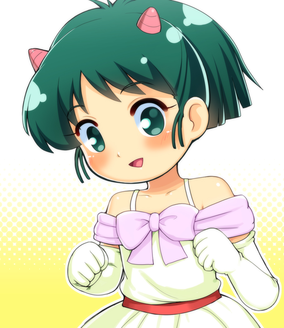 1girl, :d, blush, bow, clenched_hands, doteraman, dress, gradient_background