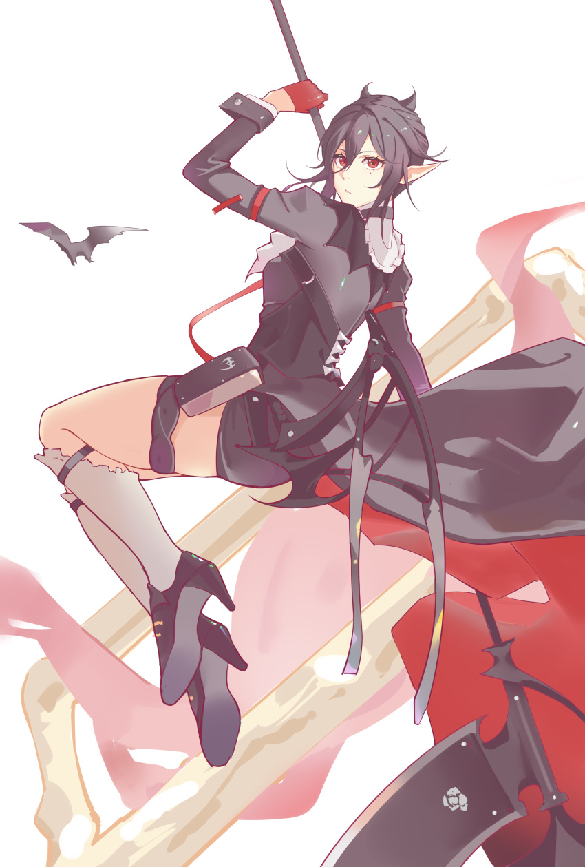 1girl, absurdres, arknights, black_dress, black_hair, black_shoes, chinese_commentary, closed_mouth, commentary, dress, entelechia_(arknights), floating, gloves, grey_socks, hair_between_eyes, hair_horns, half_gloves, high_heels, highres, holding, holding_weapon, kneehighs, kumu_feng_chun, long_sleeves, looking_at_viewer, mole, mole_under_eye, pointy_ears, red_eyes, red_gloves, shoe_soles, shoes, short_hair, socks, solo, turning_head, weapon, white_background