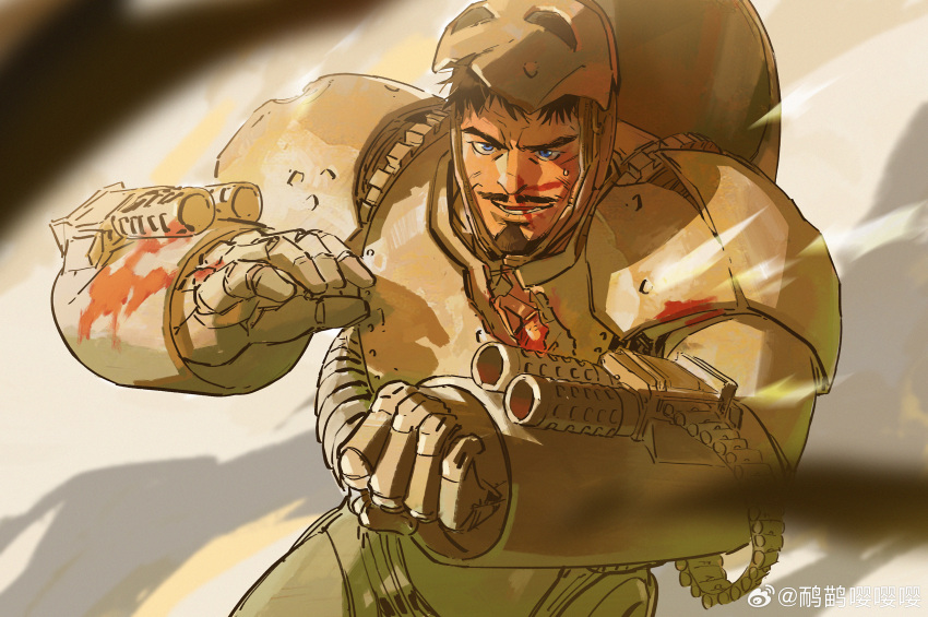 1boy, absurdres, arm_cannon, armor, black_hair, blood, blood_on_face, blue_eyes