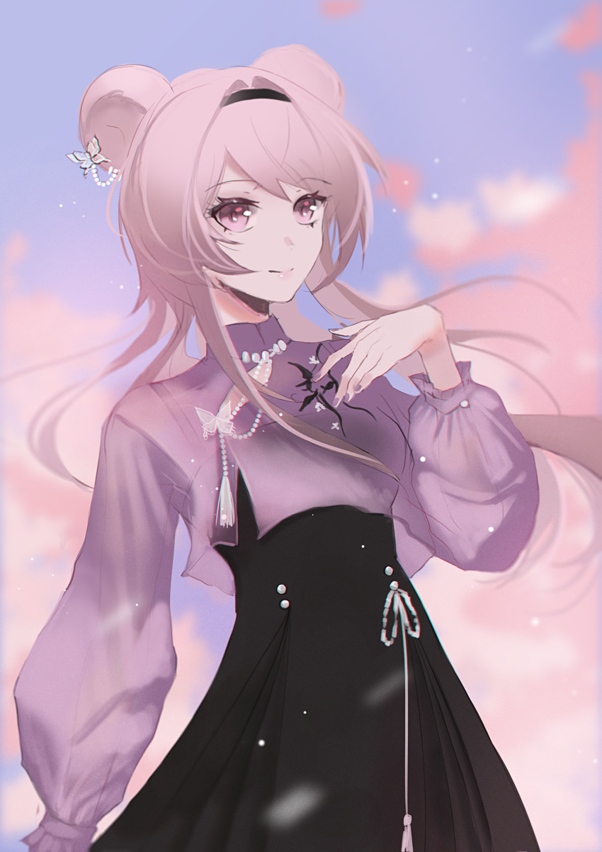 1girl, absurdres, animal_ears, arknights, black_dress, black_hairband, closed_mouth, commentary