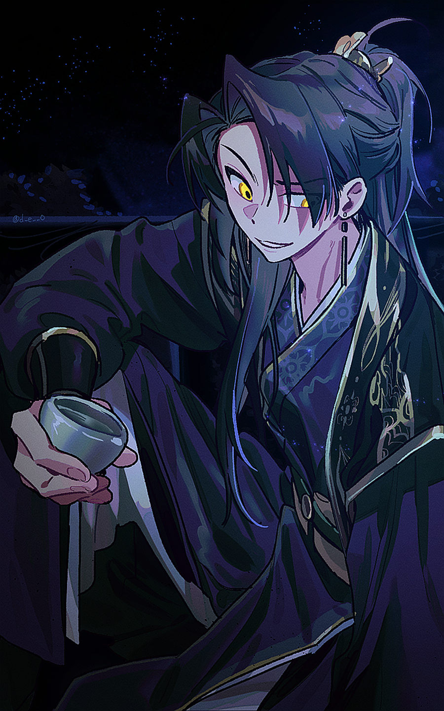 1boy, black_hair, black_hanfu, black_sash, chinese_clothes, choko_(cup), cup, dorong_(gam-sja)