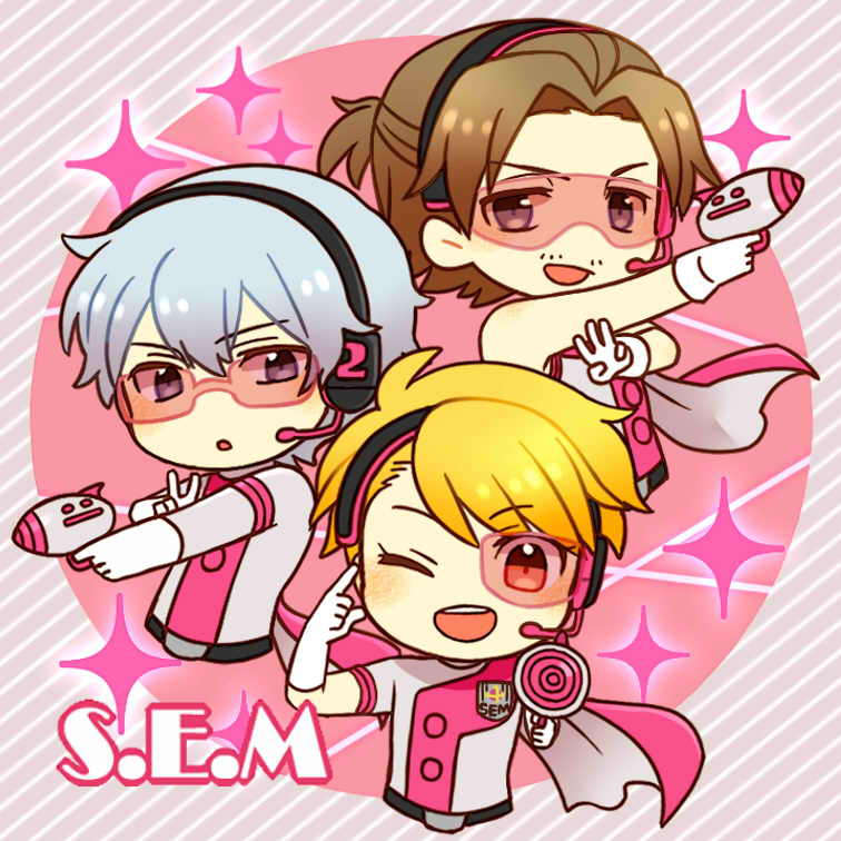 3boys, :d, :o, belt, blonde_hair, brown_hair, chibi, chibi_only