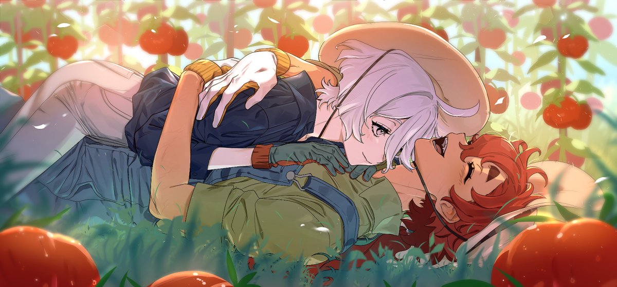 2girls, baesong, black_shirt, blue_overalls, closed_eyes, closed_mouth, collared_shirt, commentary_request, day, gloves, grass, green_gloves, green_shirt, grey_eyes, gundam, gundam_suisei_no_majo, hat, hug, korean_commentary, laughing, long_hair, long_sleeves, lying, lying_on_person, miorine_rembran, multiple_girls, on_back, on_stomach, open_mouth, outdoors, overalls, pants, red_hair, shirt, short_hair, smile, suletta_mercury, sun_hat, thick_eyebrows, tomato, white_hair, white_pants, yuri