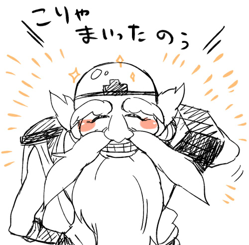 1boy, arm_behind_head, bald, beard, blush_stickers, closed_eyes, dyntos, facial_hair