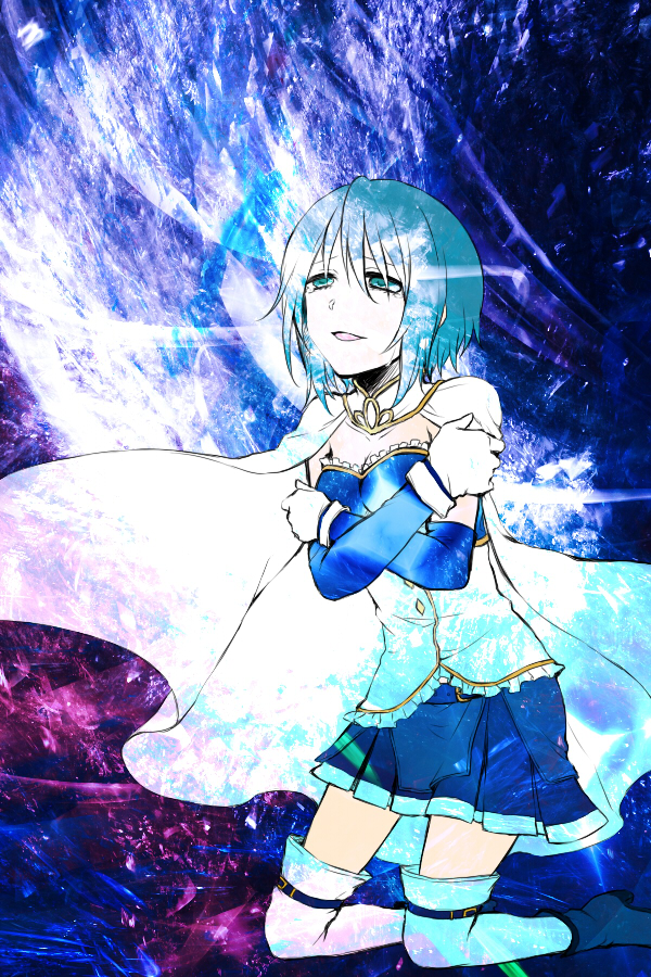 blue_eyes, blue_hair, cape, gloves, kca, kneeling, magical_girl, mahou_shoujo_madoka_magica