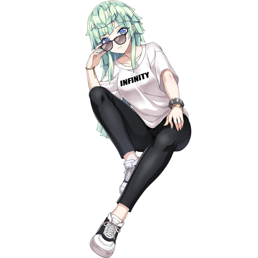 1girl, :|, adjusting_eyewear, black_pants, blue_eyes, bracelet, breasts, casual
