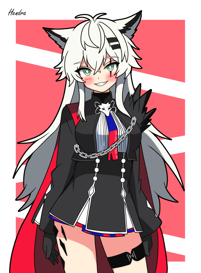1girl, :d, absurdres, animal_ears, arknights, arms_at_sides, artist_name, black_gloves