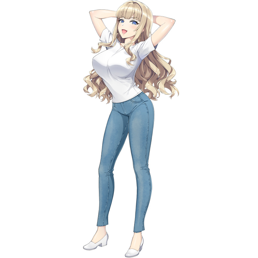 1girl, arms_behind_head, blonde_hair, blue_eyes, breasts, casual, denim, dolphin_wave