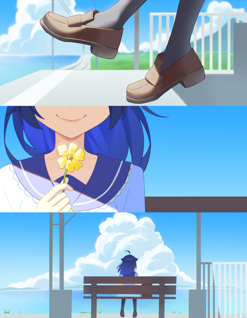 1girl, absurdres, bench, blue_hair, blue_sky, brown_shoes, closed_mouth, clouds, cumulonimbus_cloud, day, flower, highres, holding, holding_flower, indie_virtual_youtuber, on_bench, outdoors, senzawa, shoes, sitting, sky, smile, solo, virtual_youtuber, yellow_flower, yubbiidraw