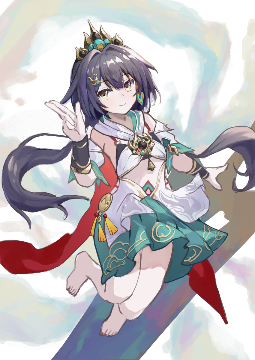 1girl, absurdres, barefoot, black_hair, hair_ornament, highres, holding, holding_weapon