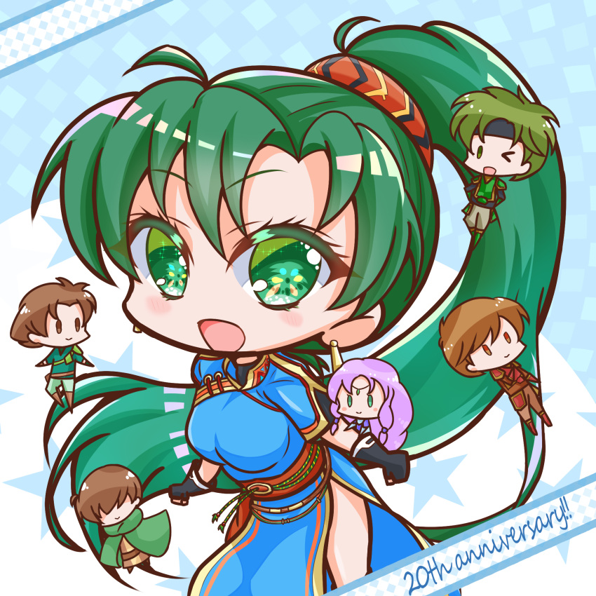 2girls, 4boys, black_gloves, blue_dress, brown_eyes, brown_hair, chibi, dress