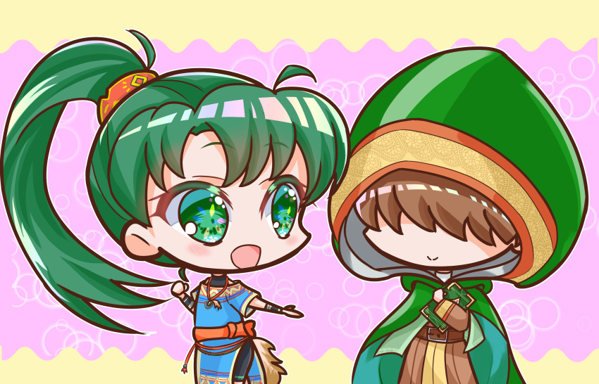 1boy, 1girl, brown_hair, chibi, cloak, fire_emblem, fire_emblem:_the_blazing_blade, fire_emblem_heroes