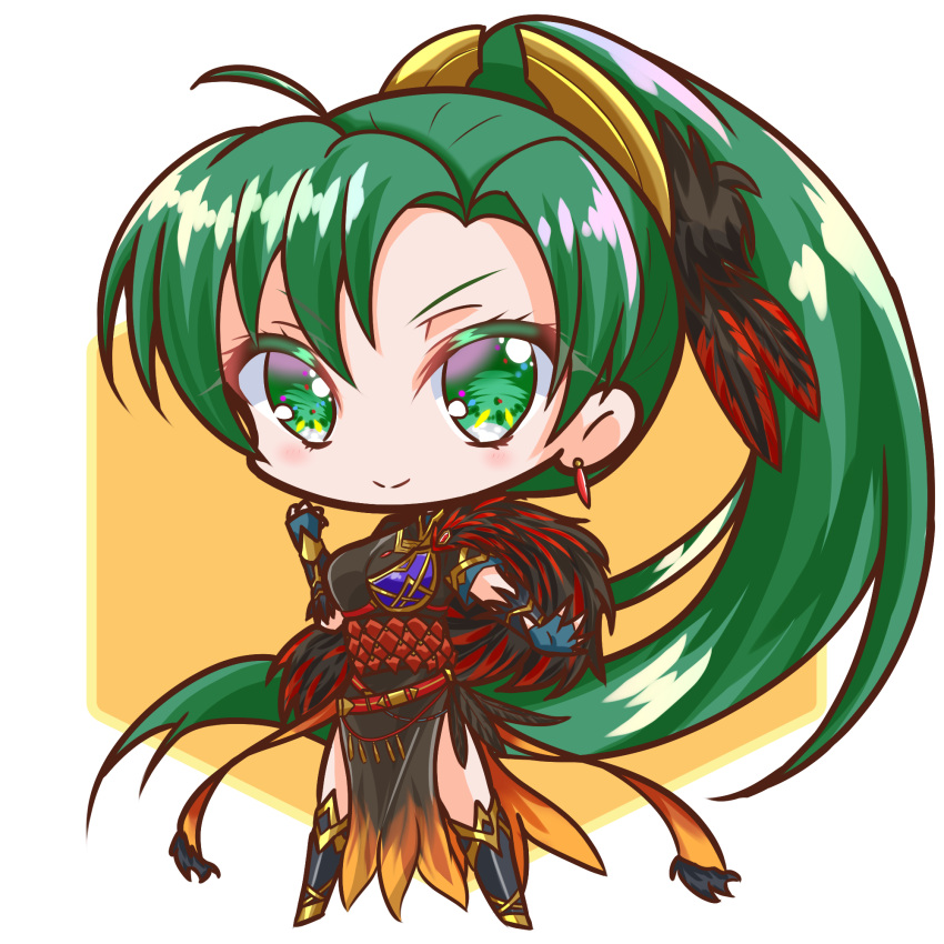 1girl, black_dress, black_gloves, chibi, dress, feather_hair_ornament, feathers, fingerless_gloves, fire_emblem, fire_emblem:_the_blazing_blade, fire_emblem_heroes, gloves, green_eyes, green_hair, griffonmask11, hair_ornament, highres, long_hair, looking_at_viewer, lyn_(brave_lady)_(resplendent)_(fire_emblem), lyn_(fire_emblem), ponytail, smile