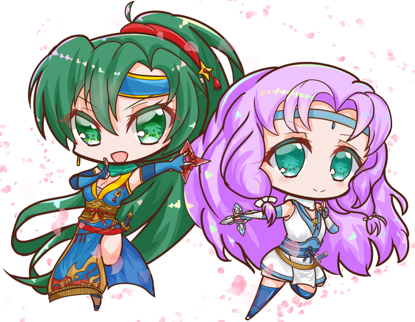2girls, blue_dress, chibi, dress, fire_emblem, fire_emblem:_the_blazing_blade, fire_emblem_heroes, florina_(fire_emblem), florina_(ninja)_(fire_emblem), green_eyes, green_hair, griffonmask11, highres, holding, holding_shuriken, holding_weapon, lyn_(fire_emblem), lyn_(ninja)_(fire_emblem), multiple_girls, petals, pink_petals, purple_hair, shuriken, shuriken_hair_ornament, side_slit, smile, weapon, white_background