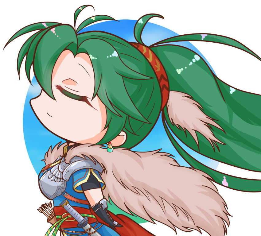 1girl, armor, arrow_(projectile), black_gloves, cape, chibi, fire_emblem, fire_emblem:_the_blazing_blade, fire_emblem_heroes, fur_cape, gloves, green_hair, griffonmask11, highres, long_hair, lyn_(fire_emblem), lyn_(lady_of_the_wind)_(fire_emblem), ponytail, shoulder_armor, sword, weapon