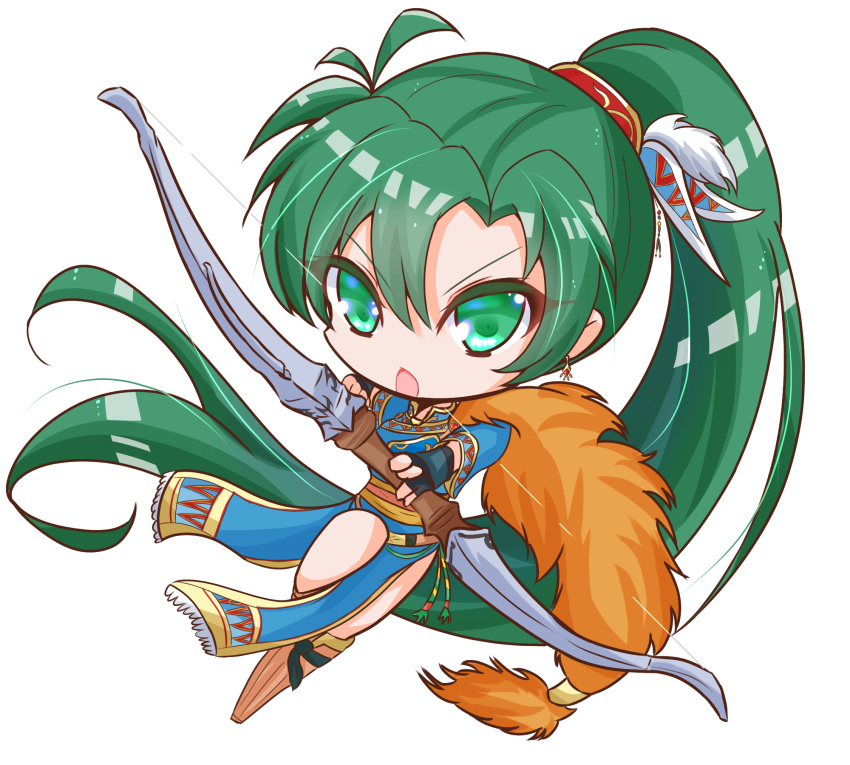 1girl, blue_dress, bow_(weapon), cape, chibi, dress, fire_emblem, fire_emblem:_the_blazing_blade, fire_emblem_heroes, fur_cape, green_eyes, green_hair, griffonmask11, highres, long_hair, lyn_(brave_lady)_(fire_emblem), lyn_(fire_emblem), ponytail, simple_background, weapon, white_background