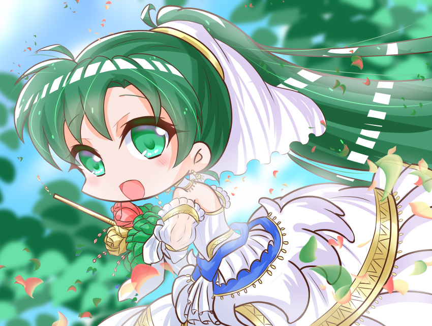 1girl, bride, chibi, dress, fire_emblem, fire_emblem:_the_blazing_blade, fire_emblem_heroes, flower, green_eyes, green_hair, griffonmask11, highres, long_hair, lyn_(bride_of_the_plains)_(fire_emblem), lyn_(fire_emblem), open_mouth, petals, ponytail, rose, smile, wedding_dress, white_dress