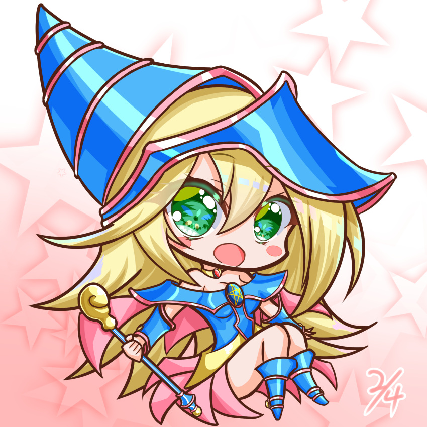 1girl, blonde_hair, blue_hat, chibi, commentary_request, dark_magician_girl, duel_monster, green_eyes, griffonmask11, hat, highres, holding, holding_wand, long_hair, open_mouth, pink_skirt, showgirl_skirt, skirt, smile, star_(symbol), star_symbol_background, wand, wizard_hat, yu-gi-oh!