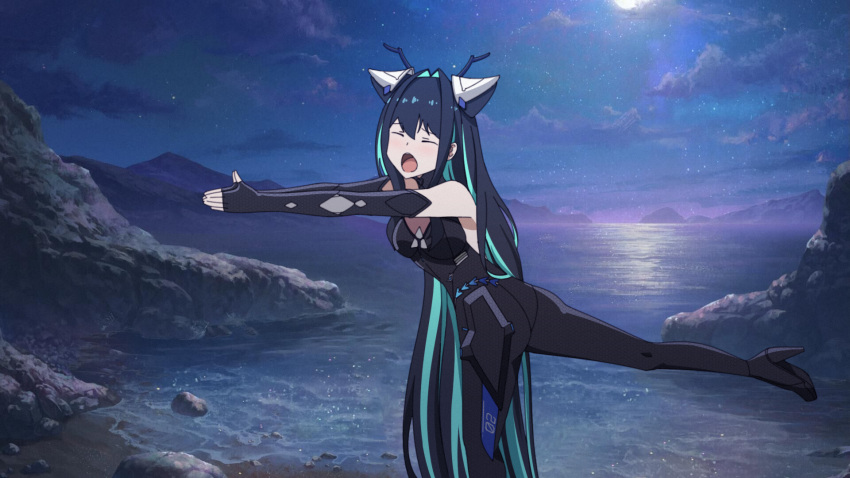 1girl, aqua_hair, bare_shoulders, beach, black_hair, bodysuit, bun_cover, closed_eyes