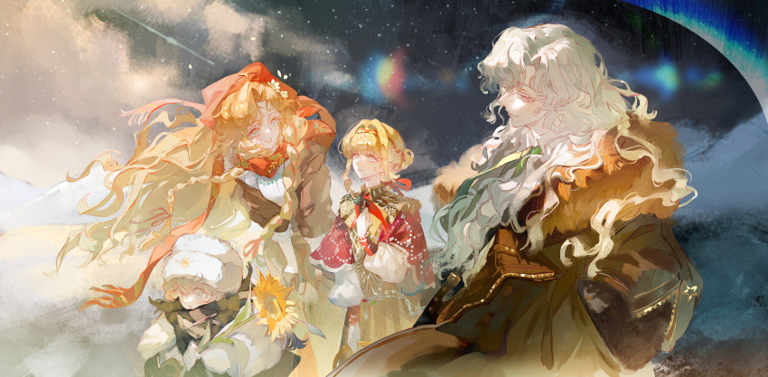 1boy, 3girls, :d, :o, absurdres, avgust_(reverse:1999), blonde_hair, blue_eyes