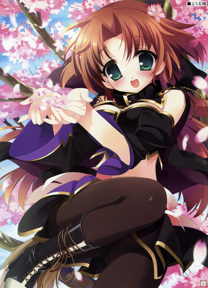 boots, brown_hair, cherry_blossoms, green_eyes, highres, open_mouth, pantyhose, sakura_tale