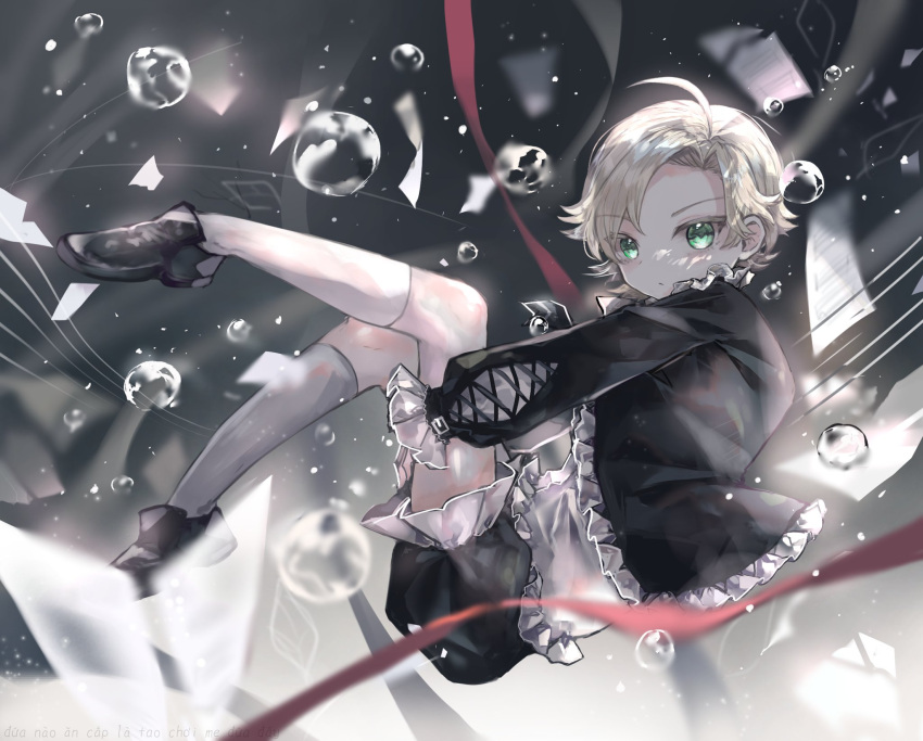 1boy, black_background, black_shirt, black_shoes, blonde_hair, bubble, child, classicaloid