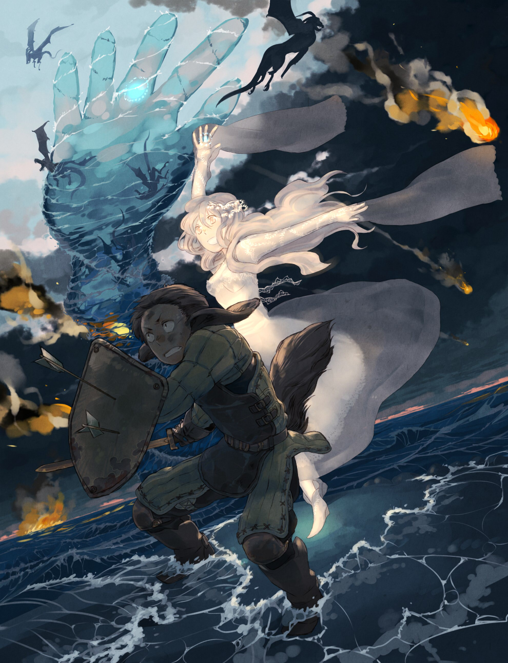 arrow, battle, clenched_teeth, dark_clouds, dragon, dress, dutch_angle, fire
